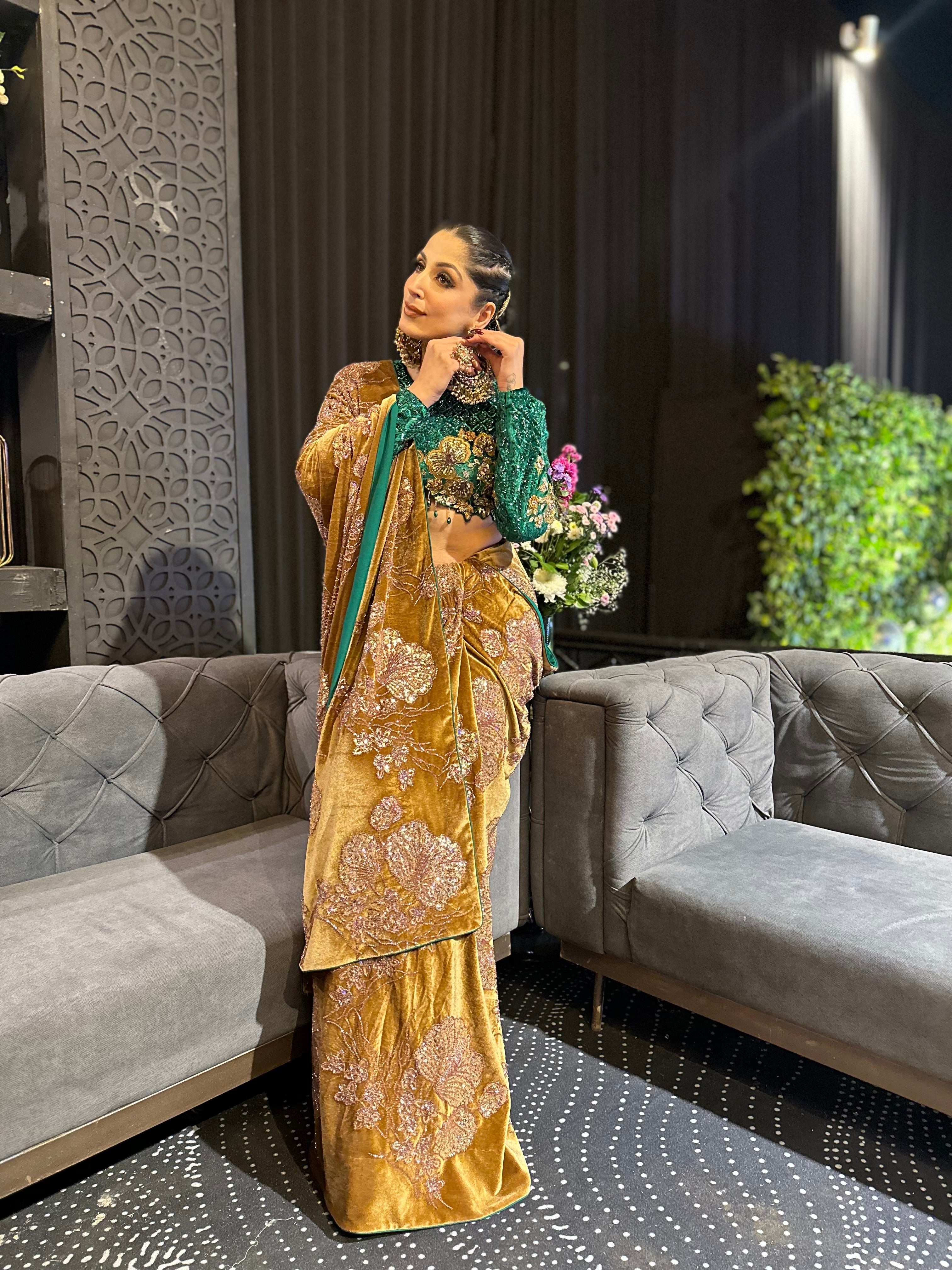 GREEN VELVET HAND EMBROIDERED SAREE