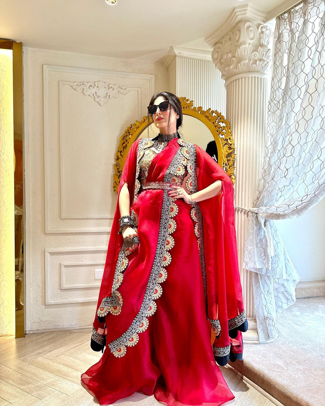 TRANSPARENT RED COLOR SAREE WITH FLOWER EMBROIDERY TOP