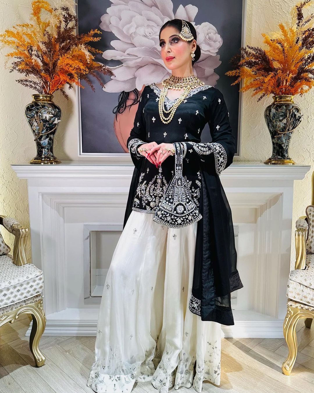 BLACK & WHITE ANARKALI SUIT WITH DUPATTA VELVET TOP