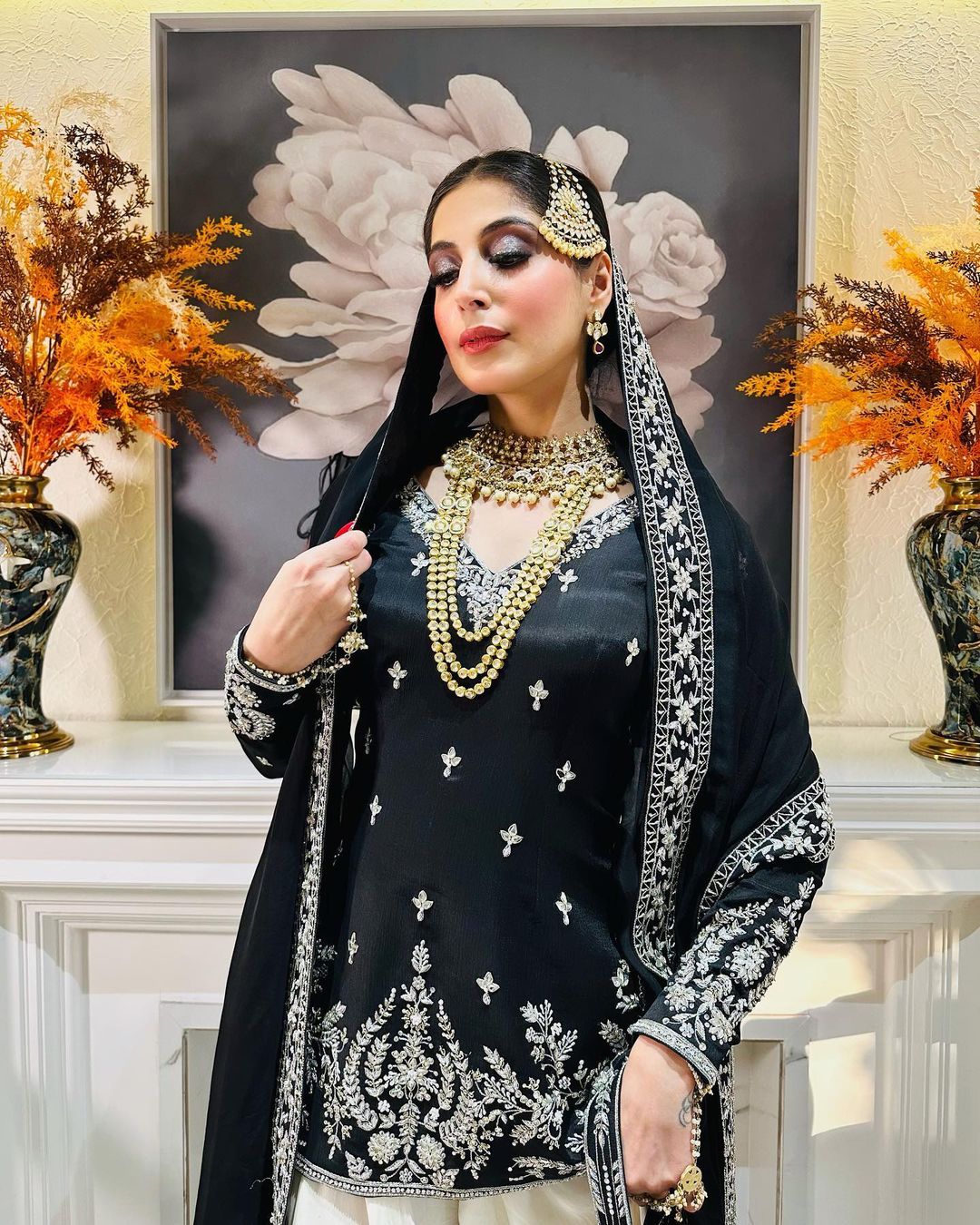 BLACK & WHITE ANARKALI SUIT WITH DUPATTA VELVET TOP