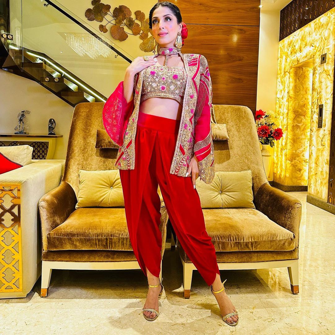 RED COLOR KURTI WITH HOT PINK JACKET HEAVY EMBROIDERY