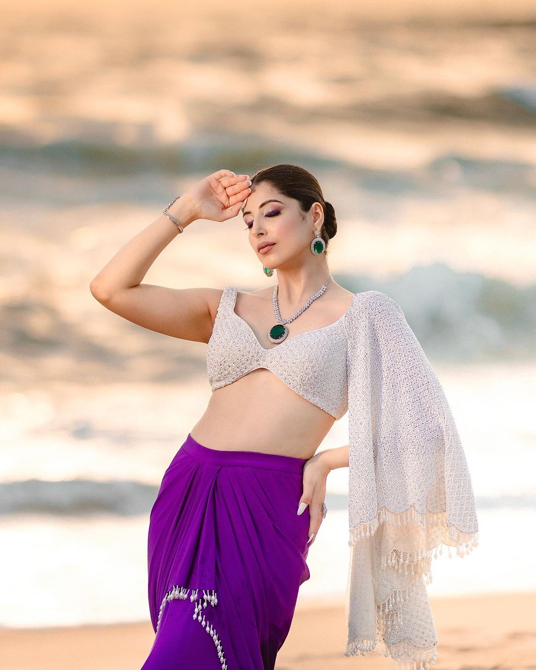 PURPLE COLOR & WHITE COLOR SAREE WITH ISABELLINE COLOR TOP & DRAPE