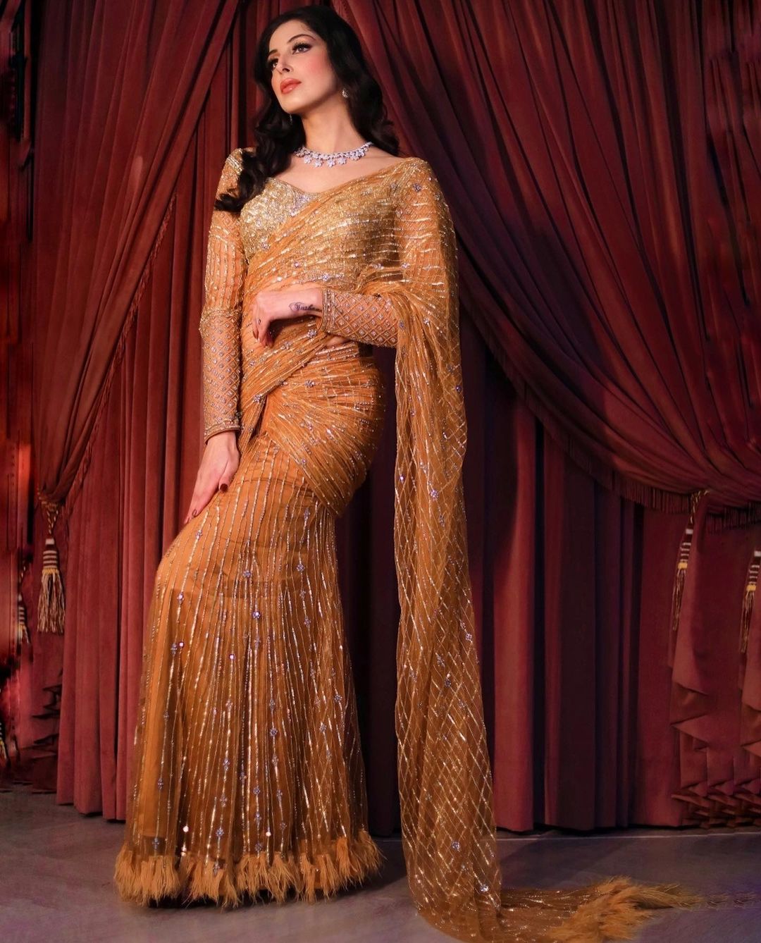 PERSIAN ORANGE COLOR SAREE WITH HEAVY EMROIDERY