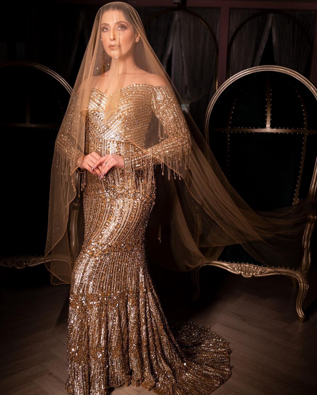 Buy Golden Sequence Fish Cut Gown - Party Wear Gown by Kaynaat Online