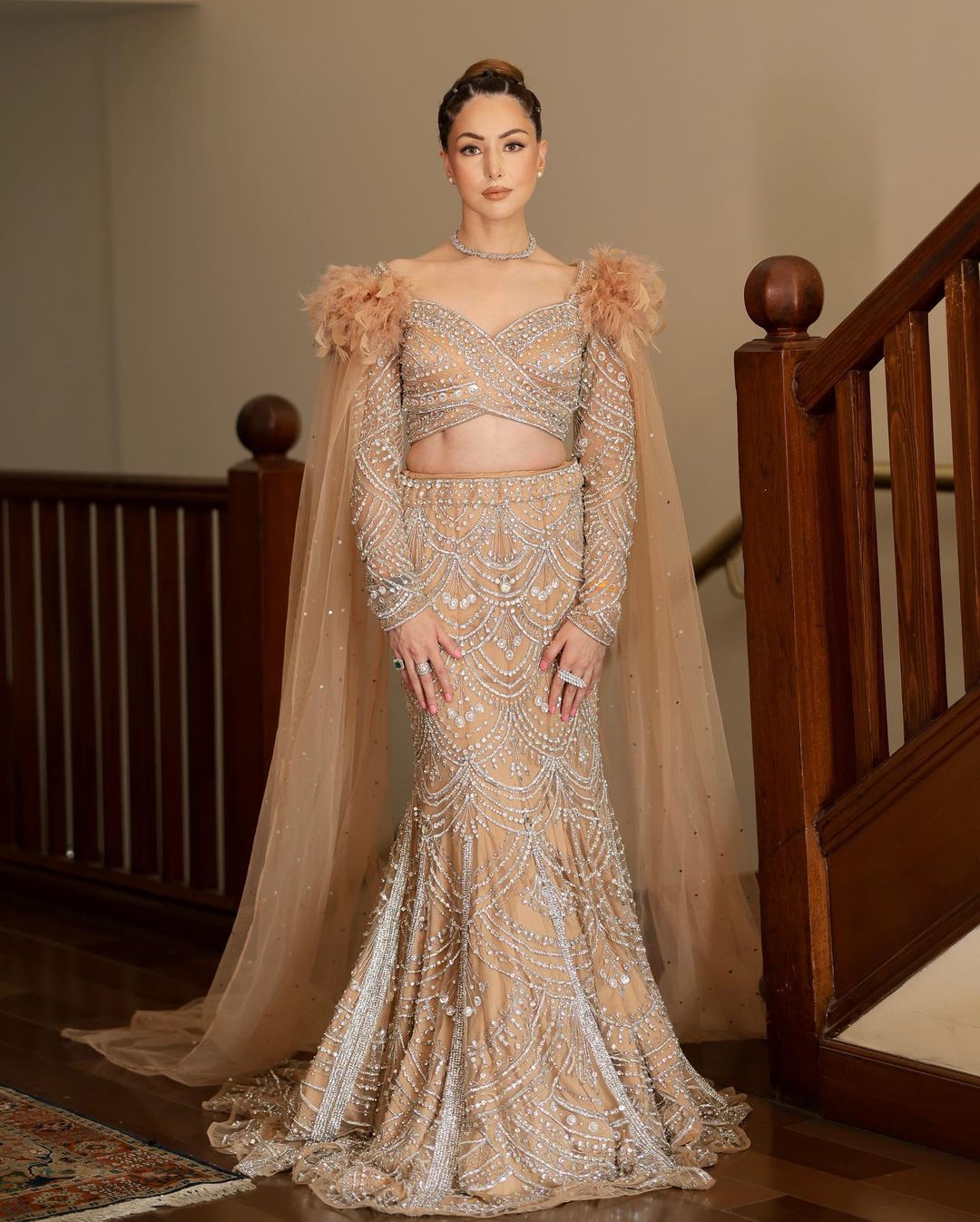 fish cut dress lehenga Beige Fishcut Lehenga with Draped Ruffle Blouse