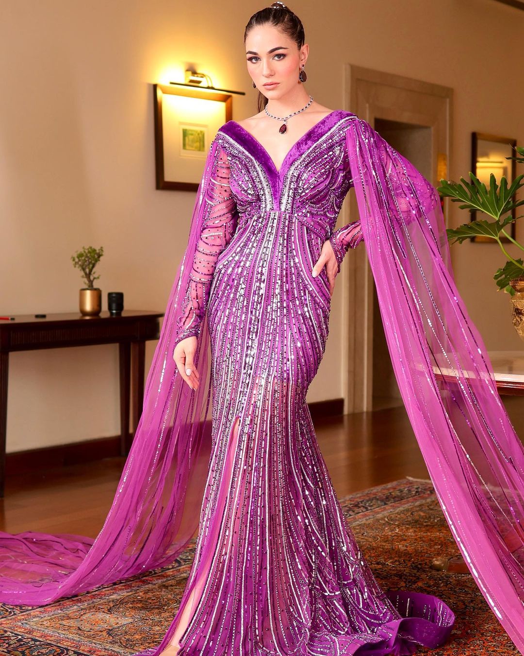 VOILET FISH CUT GOWN FULL SLEEVES