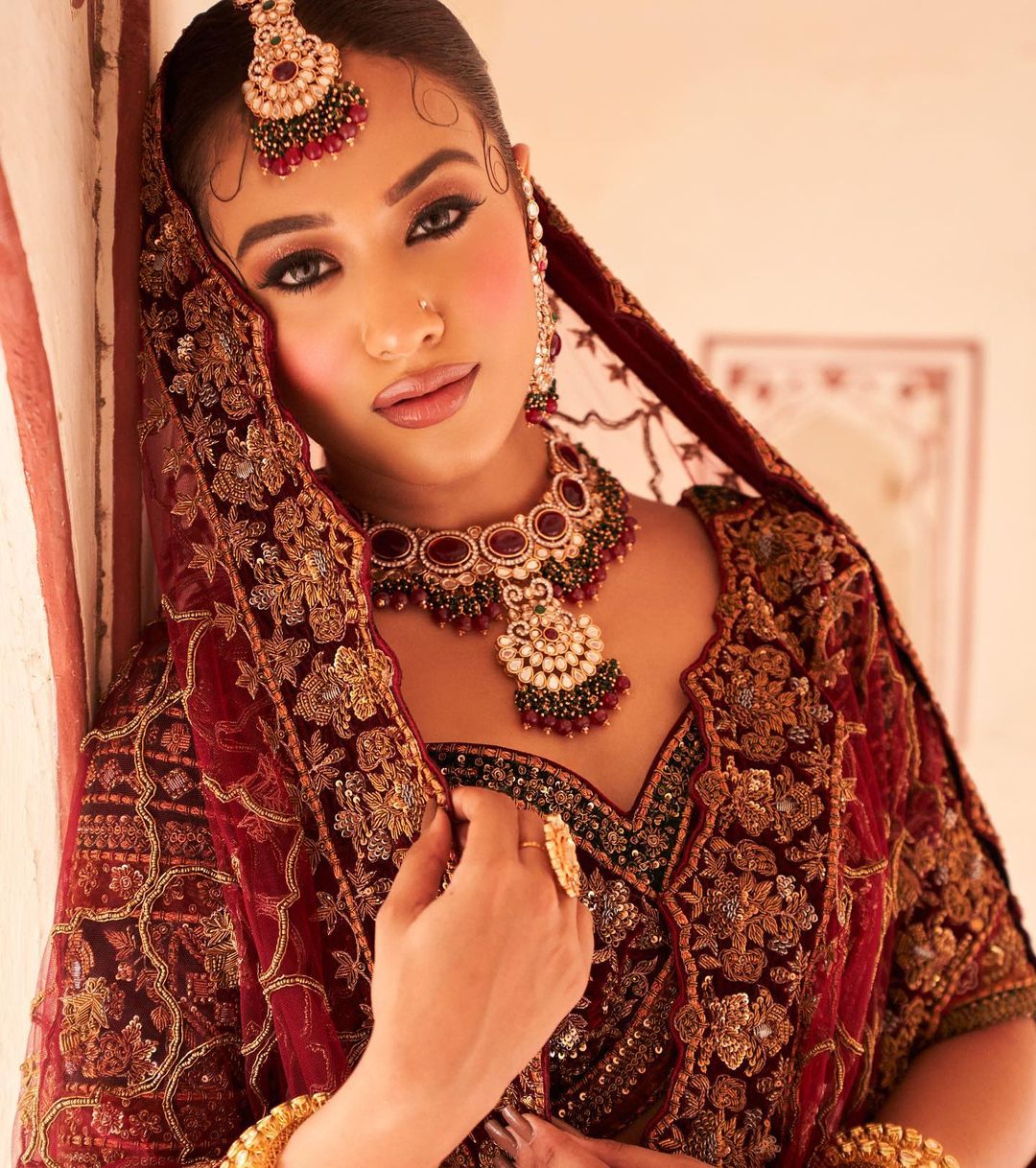 BRIDAL GARNET COLOR DESIGNED LEHENGA WITH HEAVY EMBROIDERY