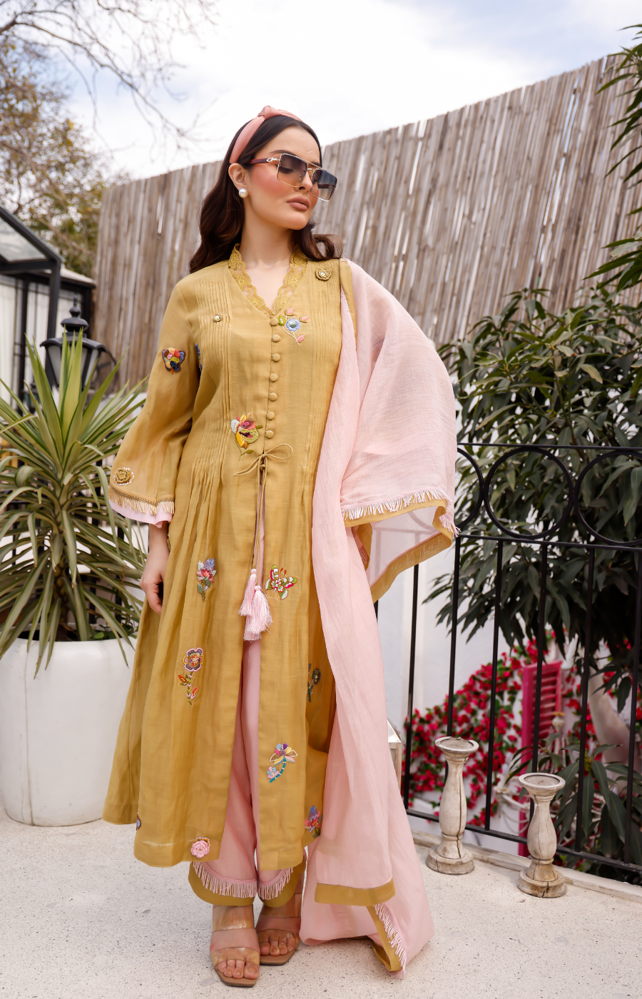 YELLOW COLOR KURTI WITH LIGHT PINK DUPTTA