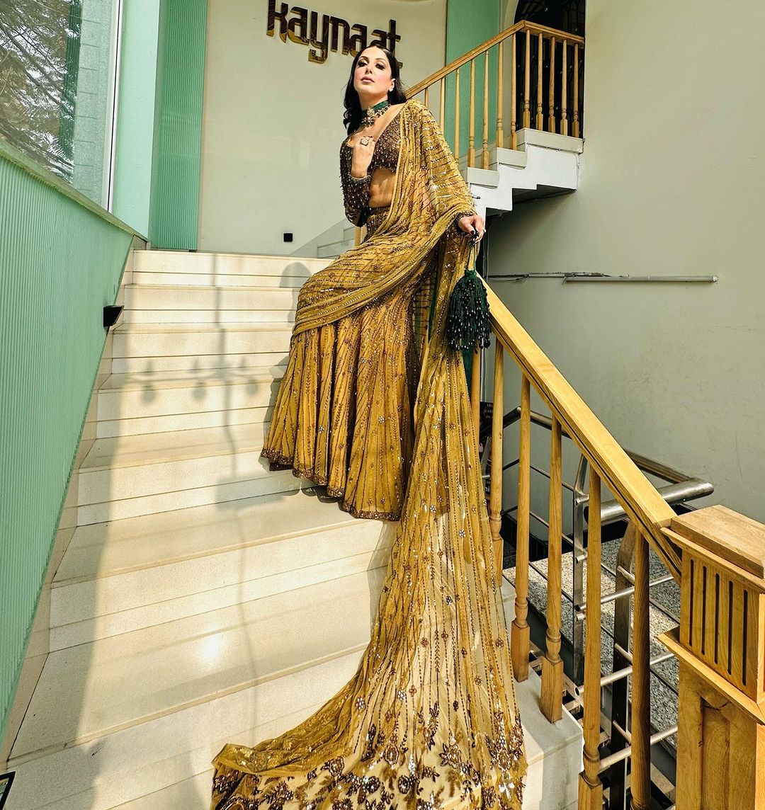 PALE BROWN GOLDEN COLOR SAREE WITH EXQUISITE TRAIL