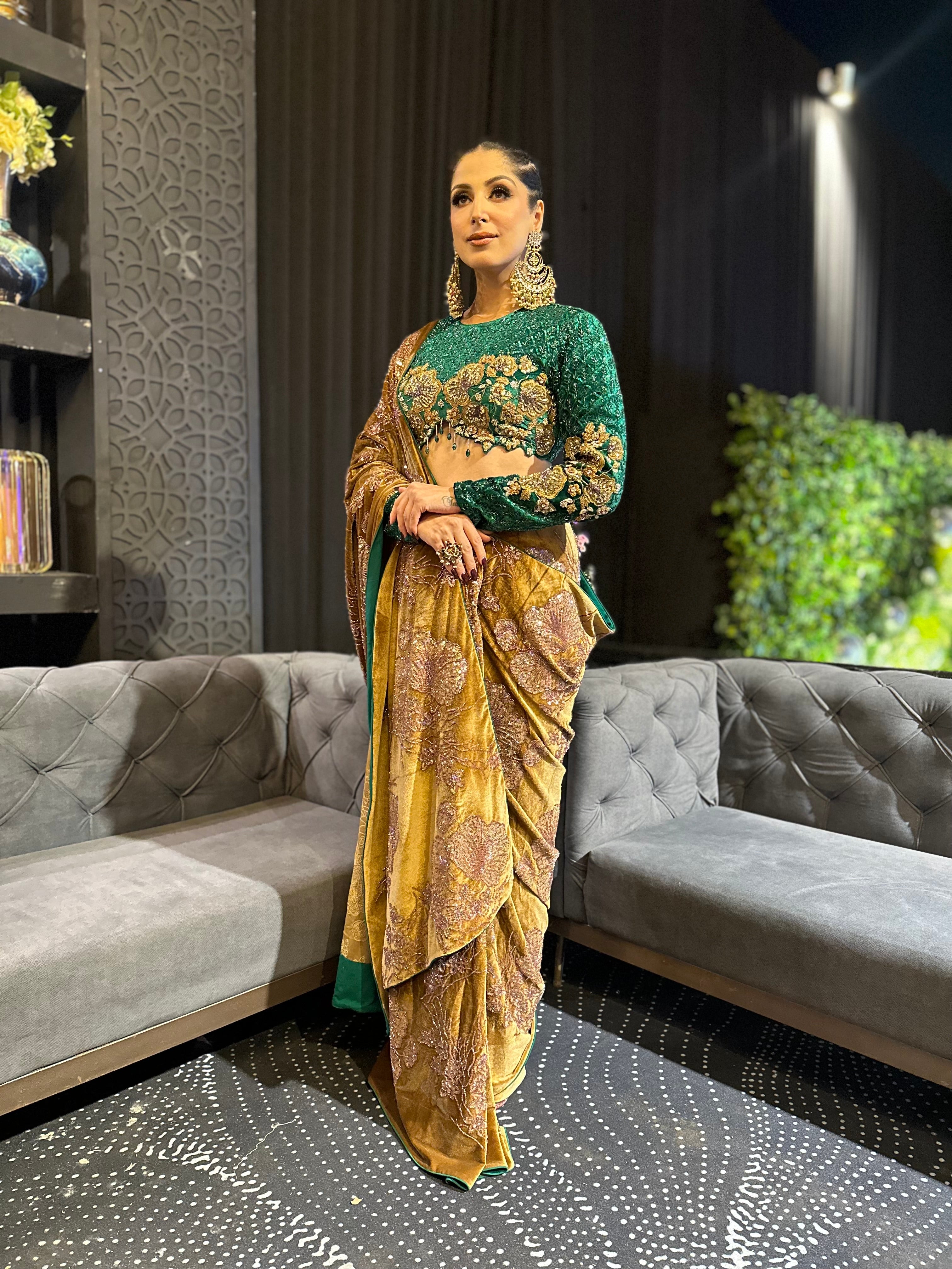 GREEN VELVET HAND EMBROIDERED SAREE