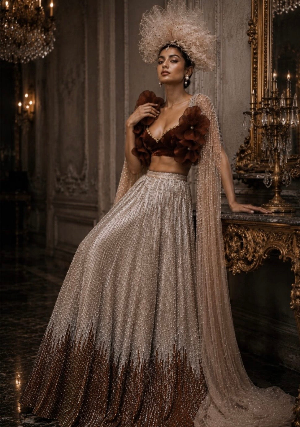 SILVER AND BROWN LEHENGA