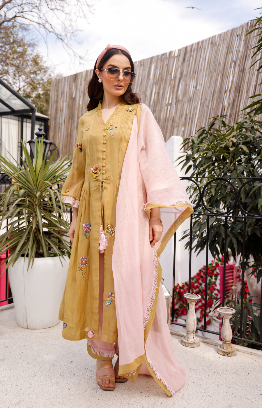 YELLOW COLOR KURTI WITH LIGHT PINK DUPTTA