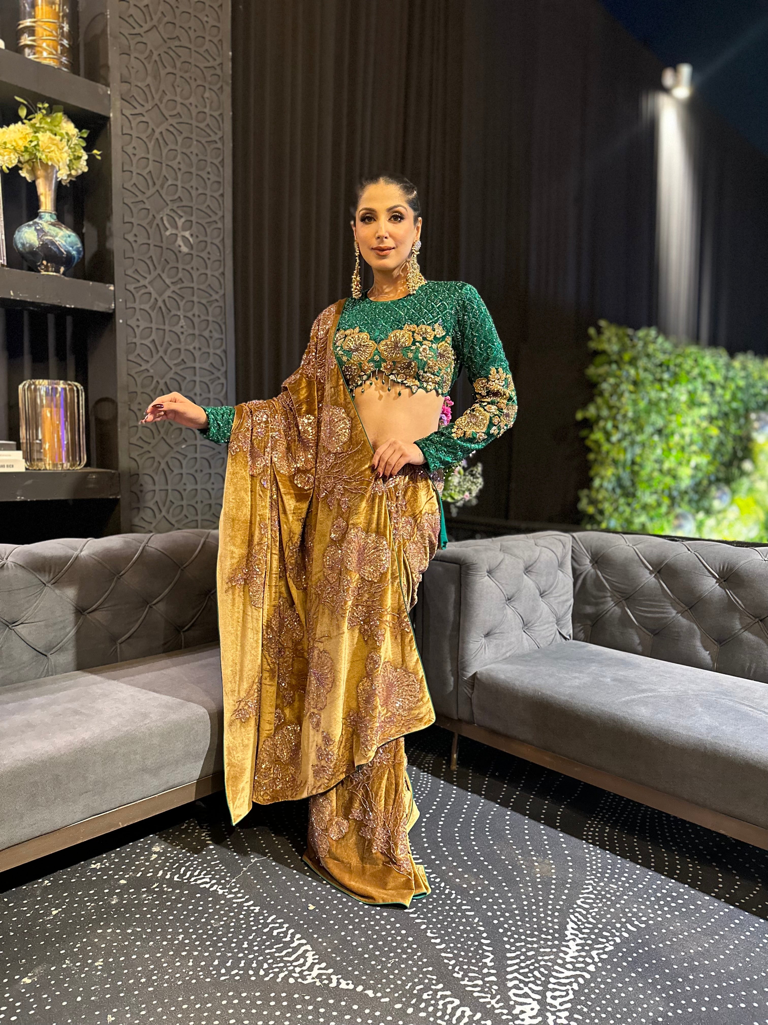 GREEN VELVET HAND EMBROIDERED SAREE