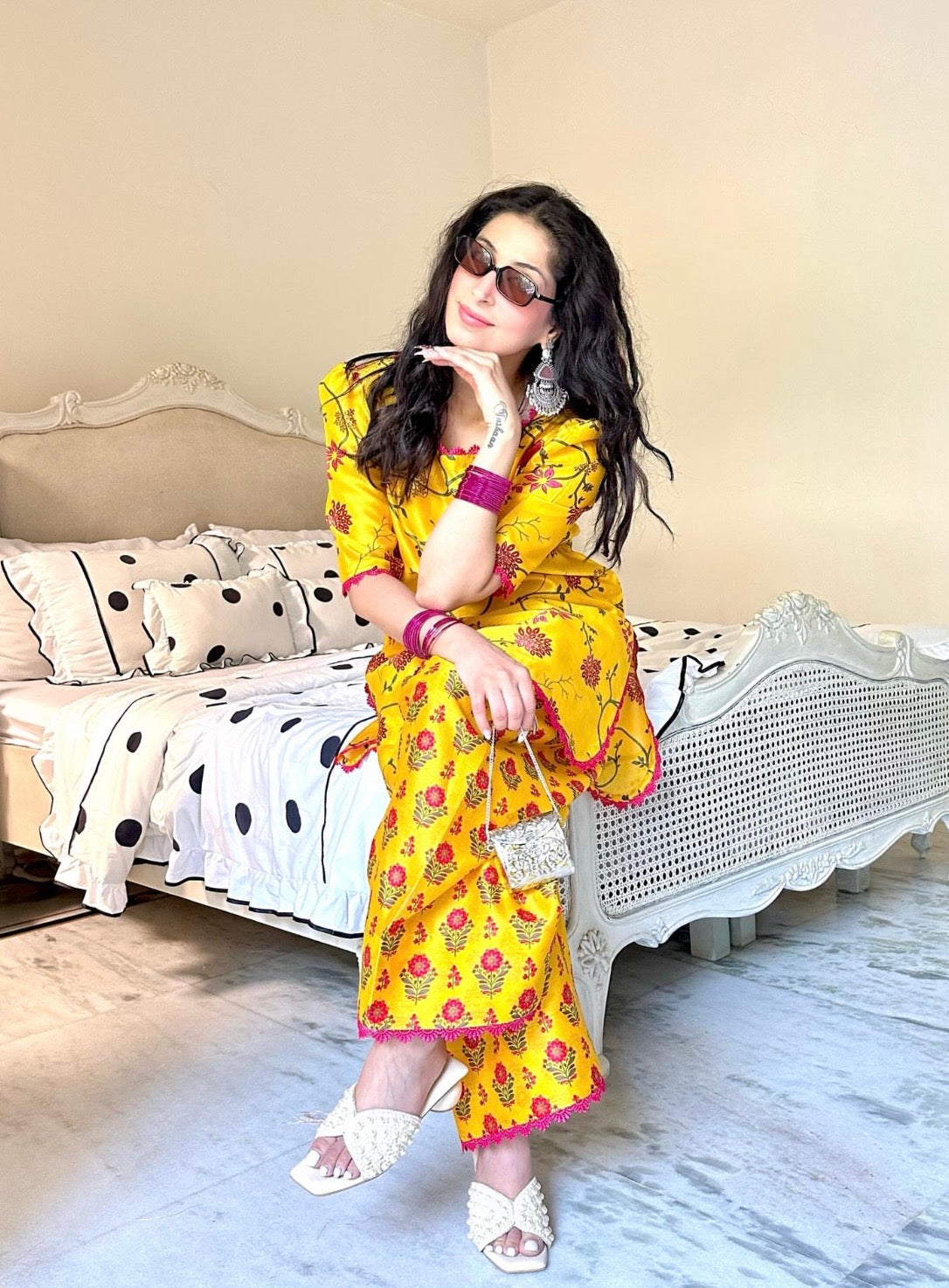 YELLOW PRINTED FARSHI CO-ORD SET
