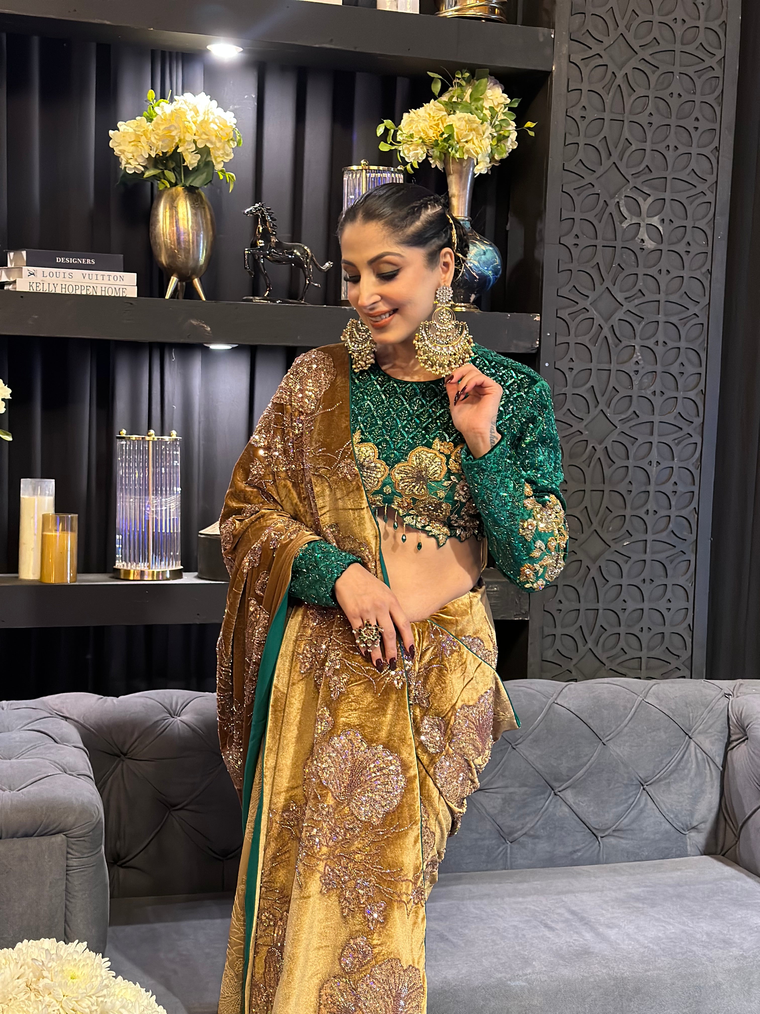 GREEN VELVET HAND EMBROIDERED SAREE