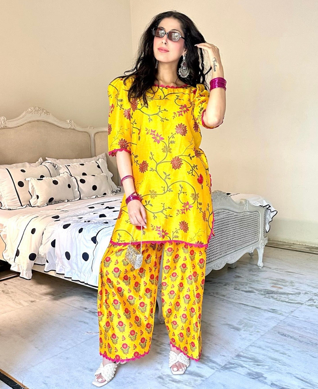 YELLOW PRINTED FARSHI CO-ORD SET