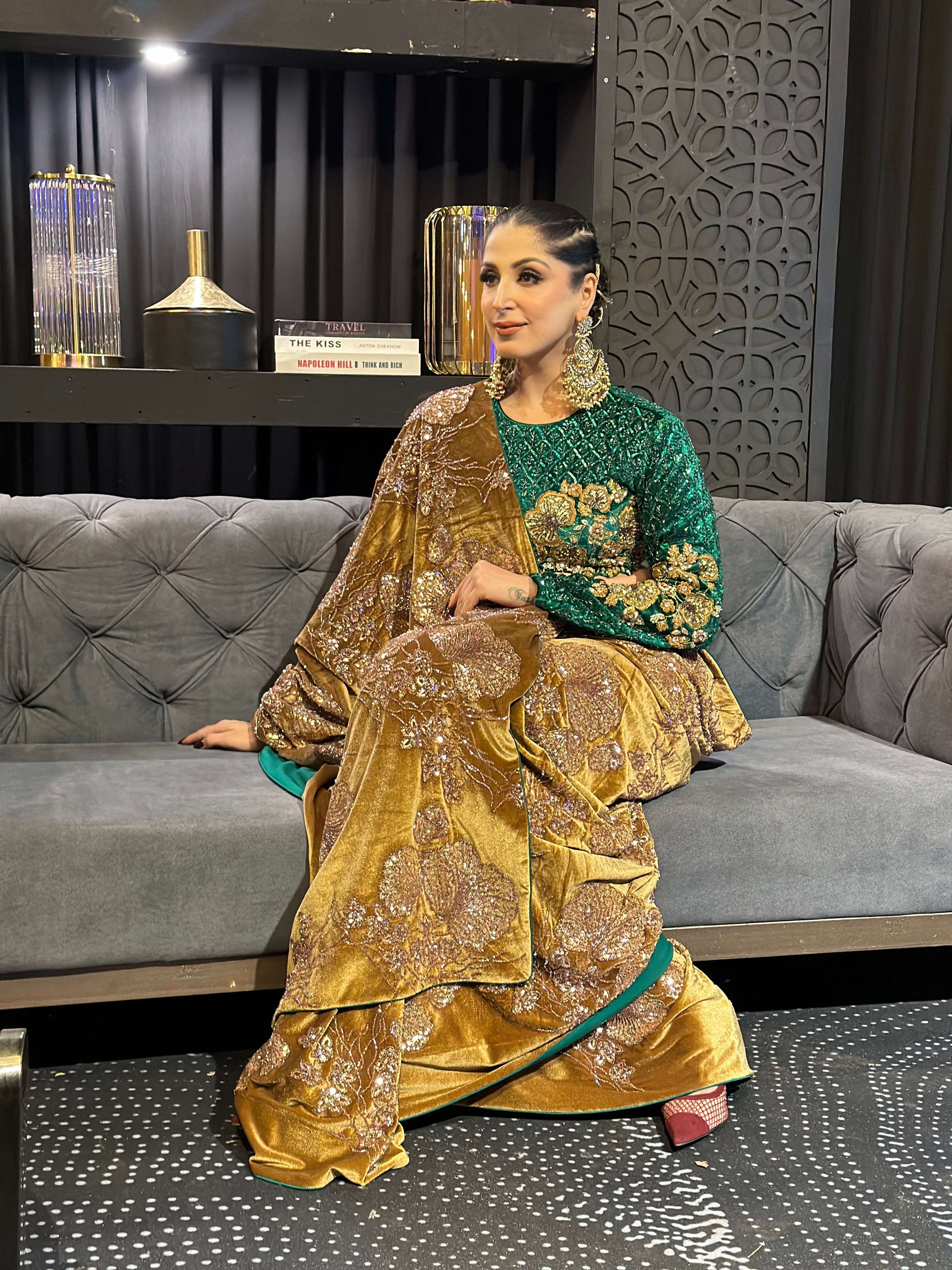 GREEN VELVET HAND EMBROIDERED SAREE