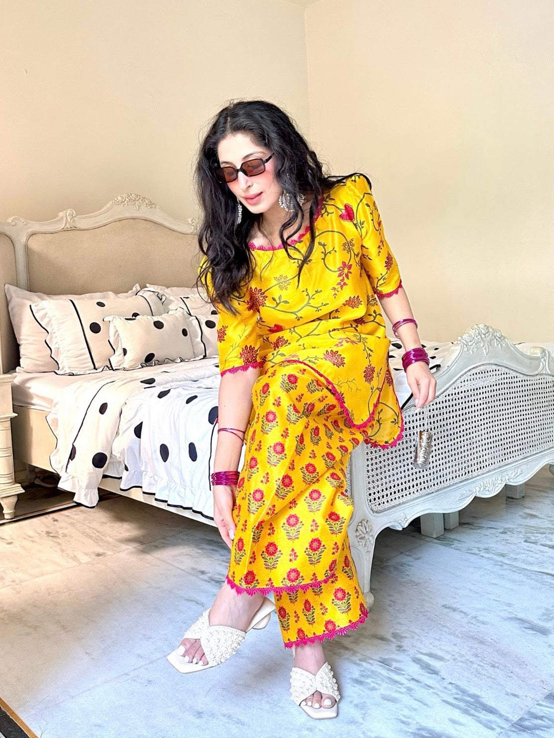 YELLOW PRINTED FARSHI CO-ORD SET