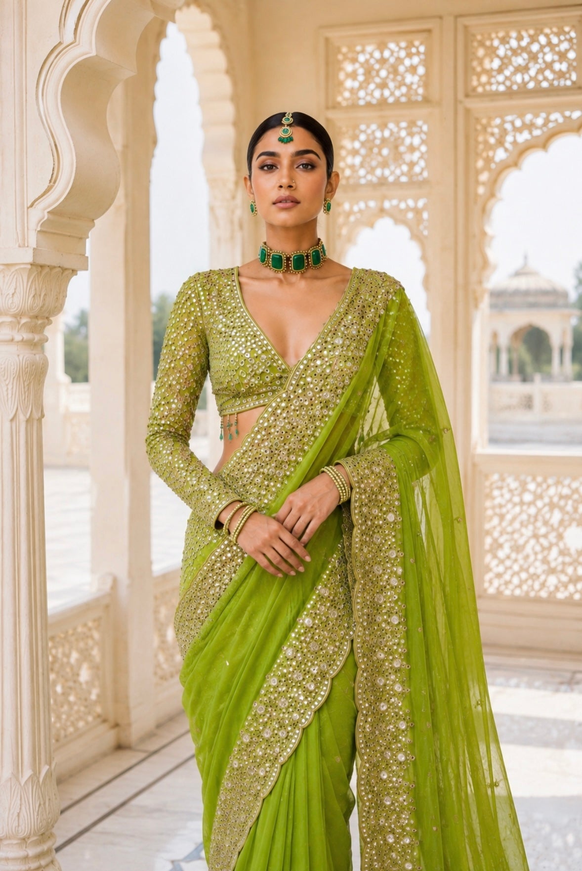 LIME GREEN MIRROR SAREE