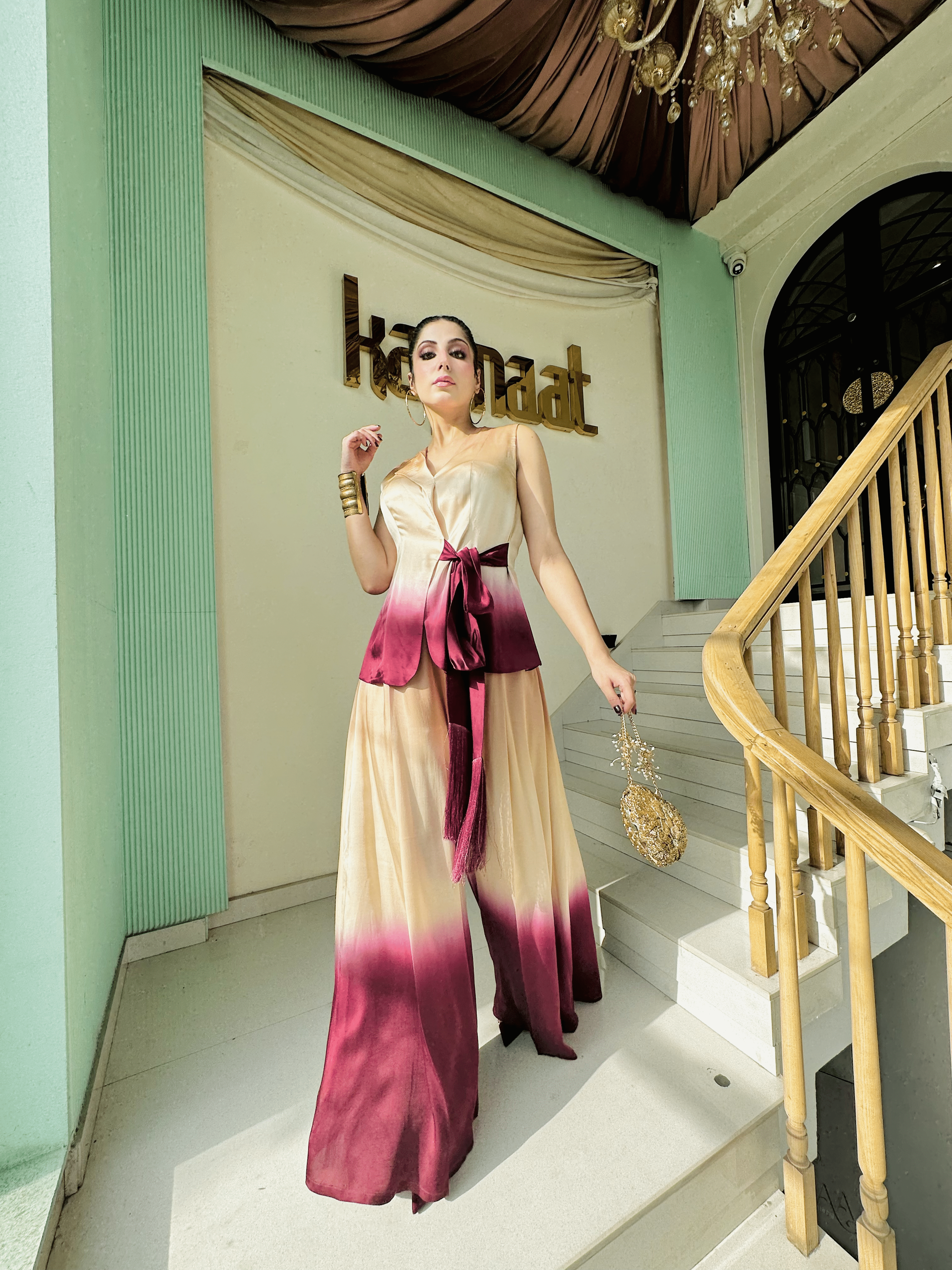 CREAM WHITE OMBRE WIDE LEG TROUSER