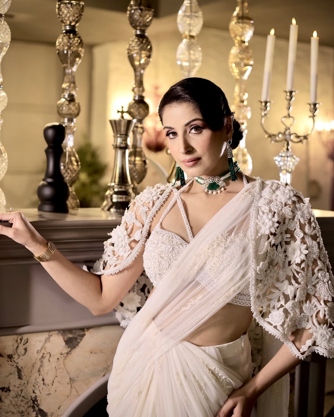 IVORY DRAPE SAREE WITH CAP
