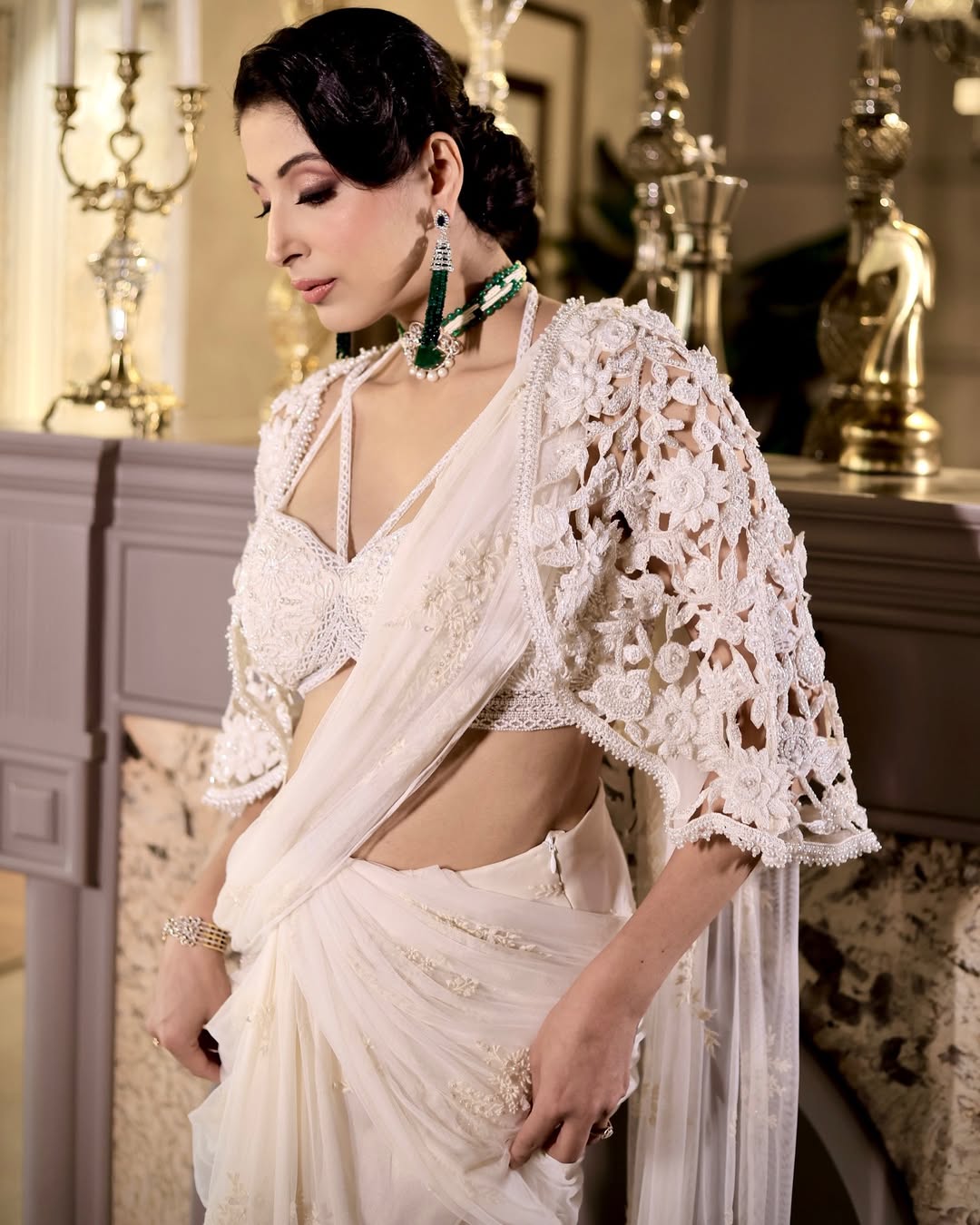 IVORY DRAPE SAREE WITH CAP