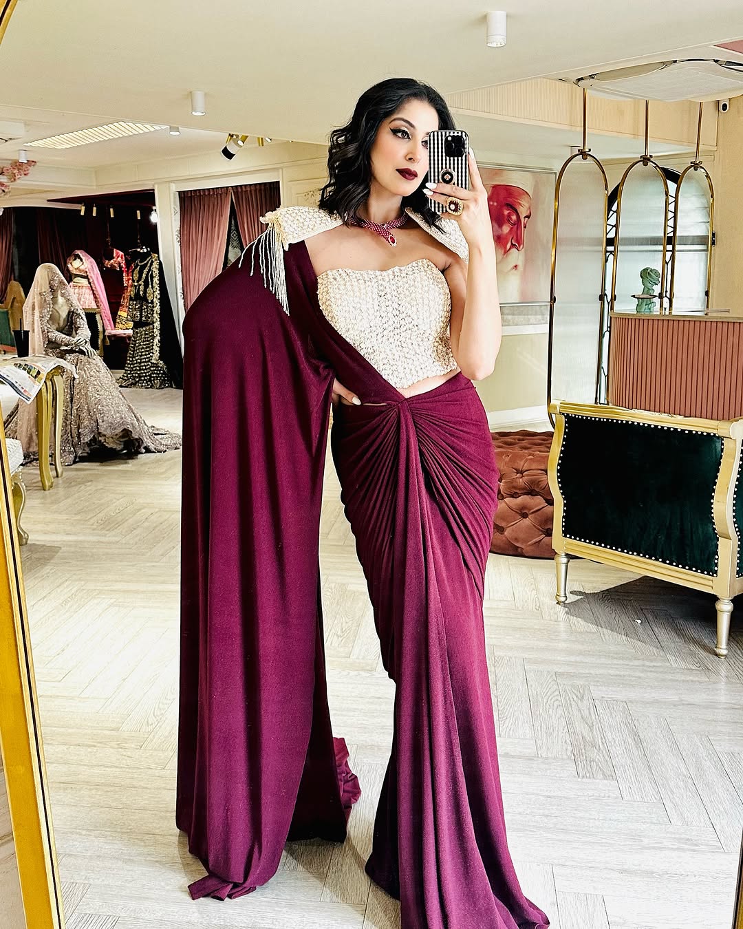 WINE CORSET BLOUSE SAREE SET