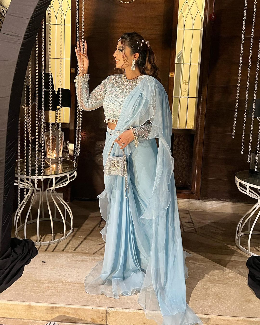 ENGLISH BLUE COLOR SAREE WITH RUFFLE DRAPE