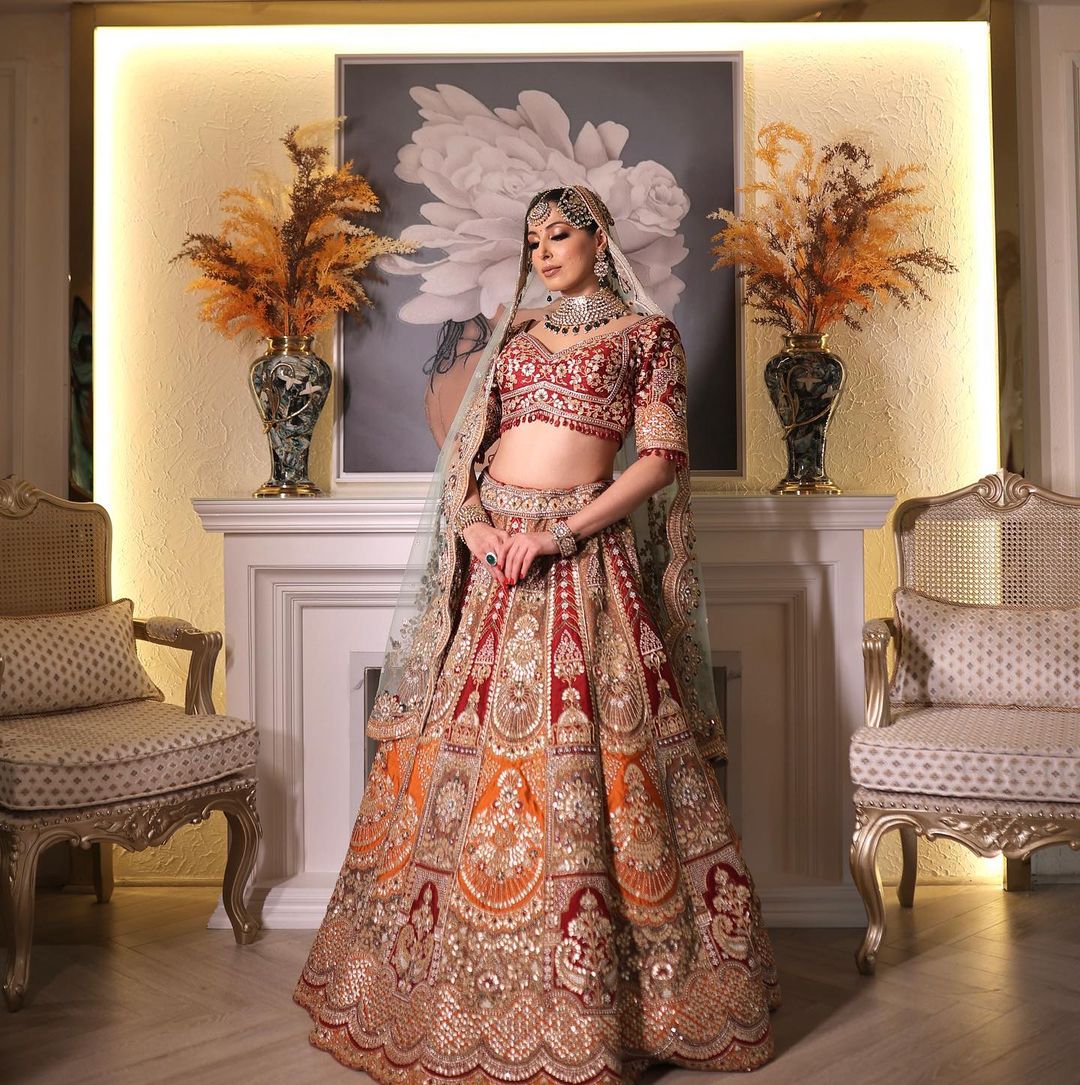 BRIDAL RED ORANGE DESIGNED LEHENGA WITH HEAVY EMBROIDERY