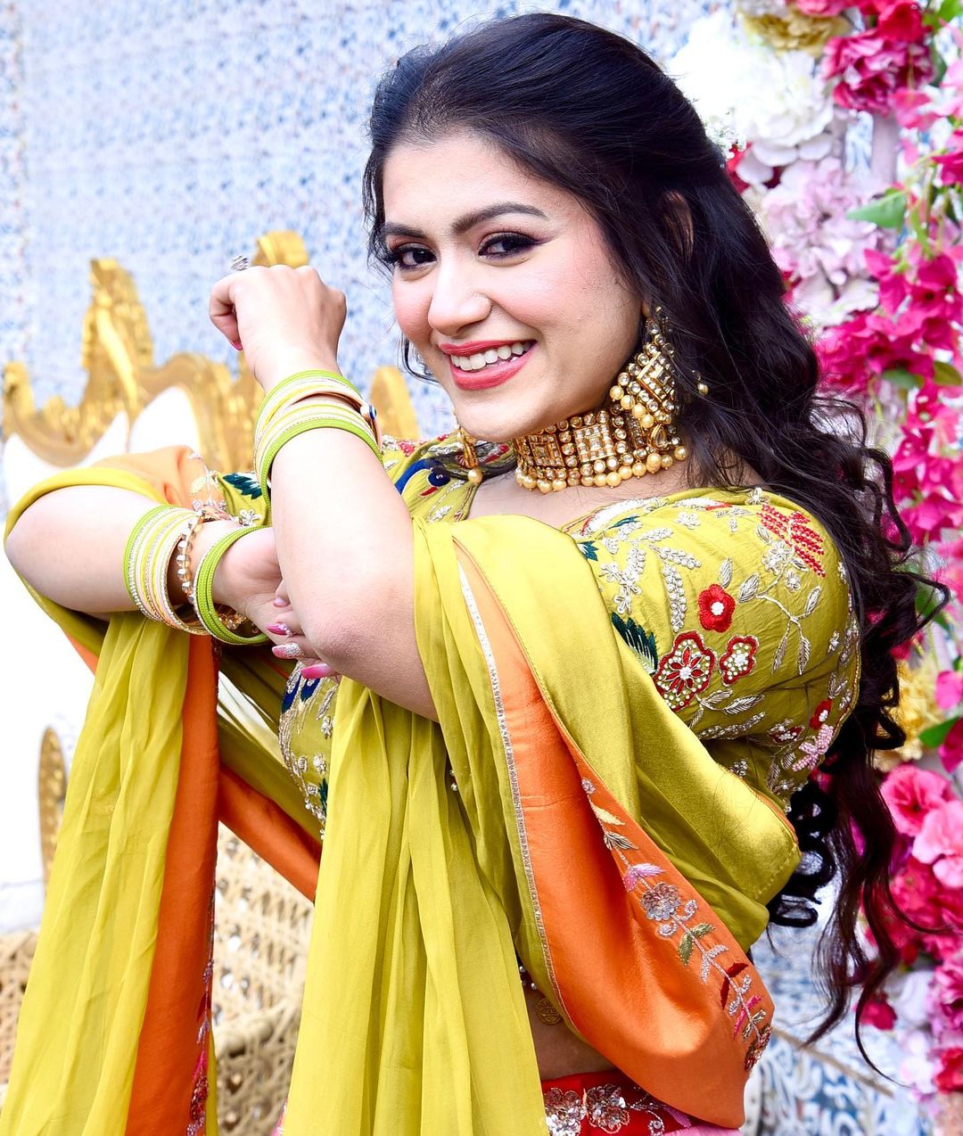 STRAW COLOR TOP WITH MULTI COLOR BOTTOM LEHENGA & FINE DESIGN