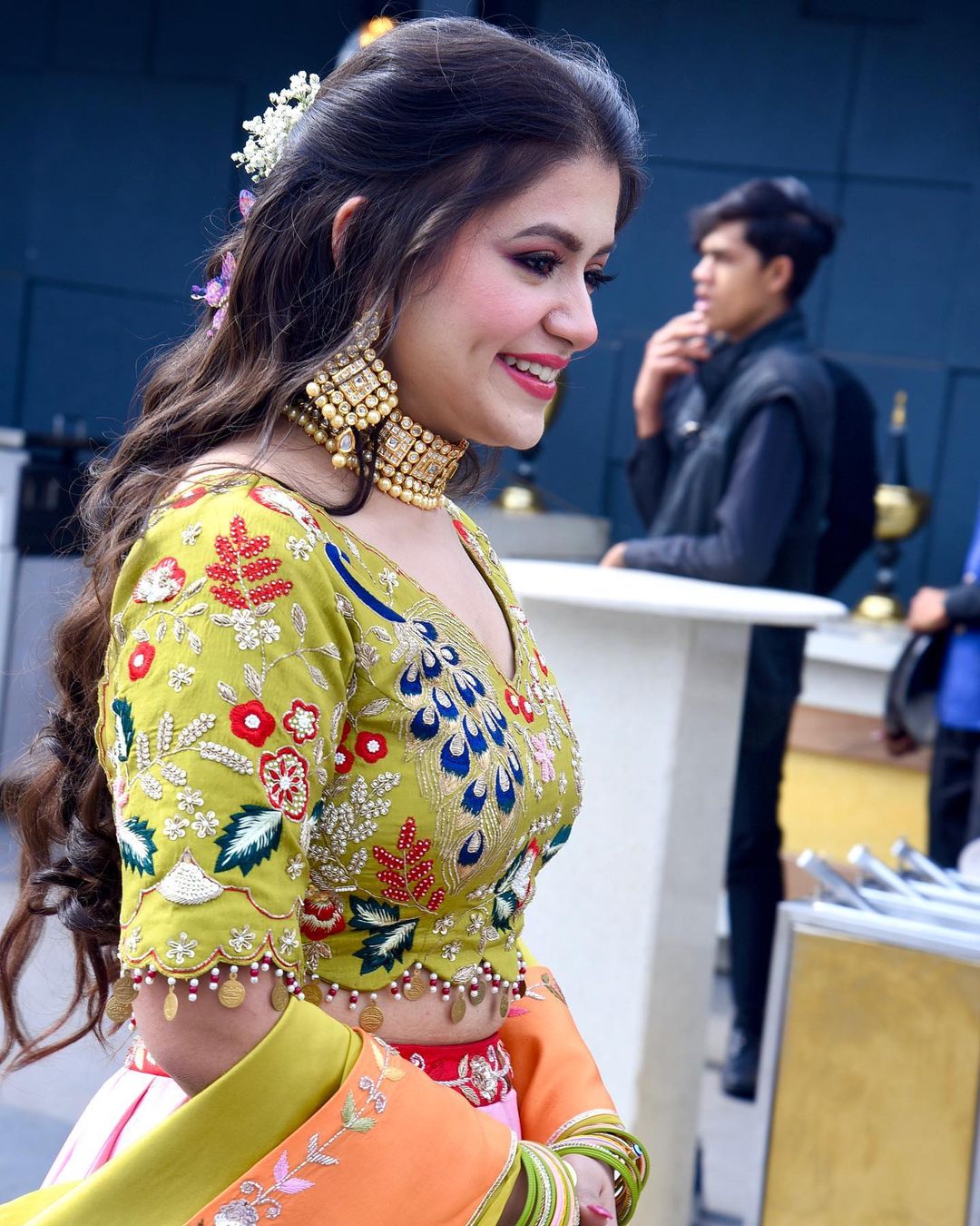 STRAW COLOR TOP WITH MULTI COLOR BOTTOM LEHENGA & FINE DESIGN