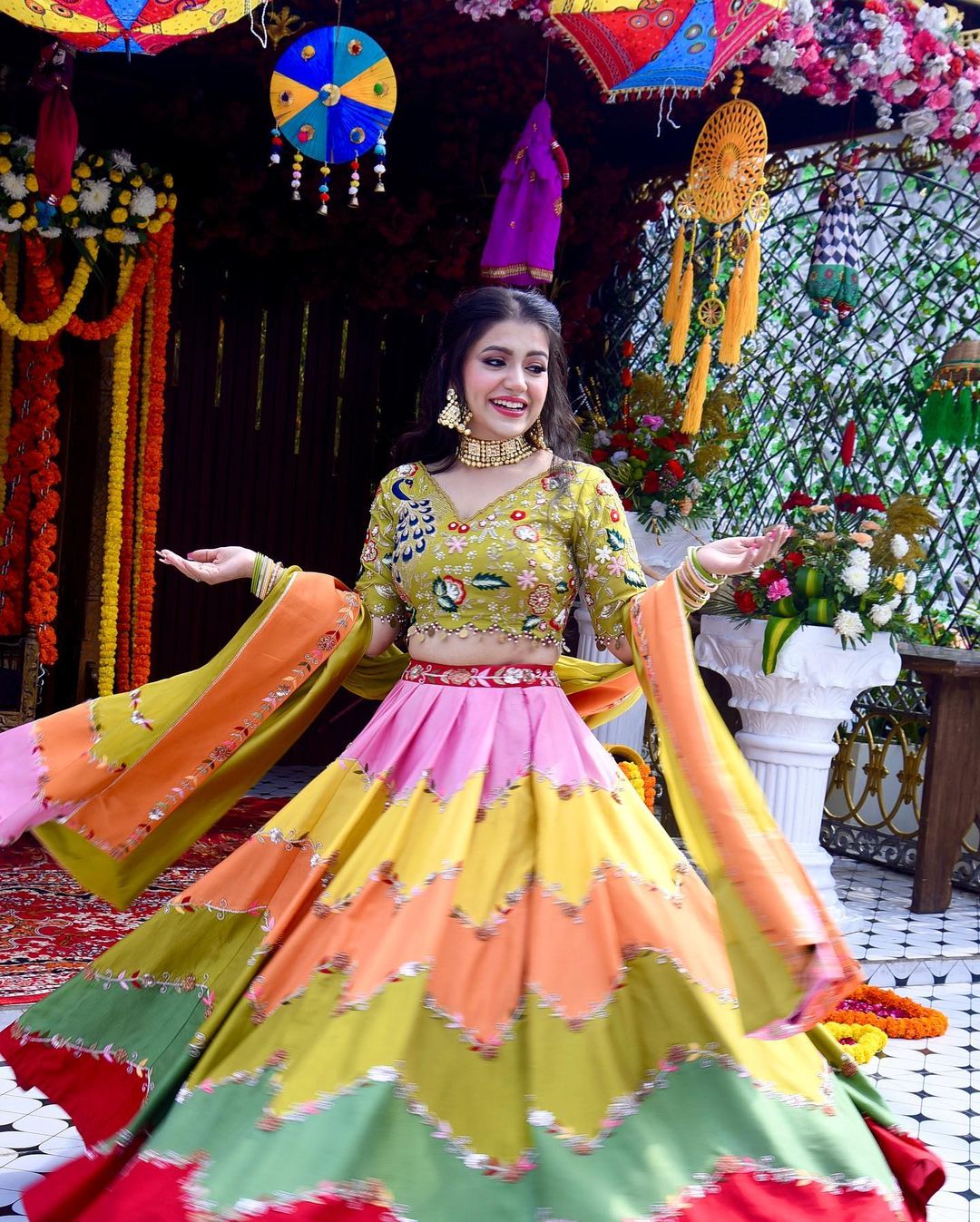 STRAW COLOR TOP WITH MULTI COLOR BOTTOM LEHENGA & FINE DESIGN