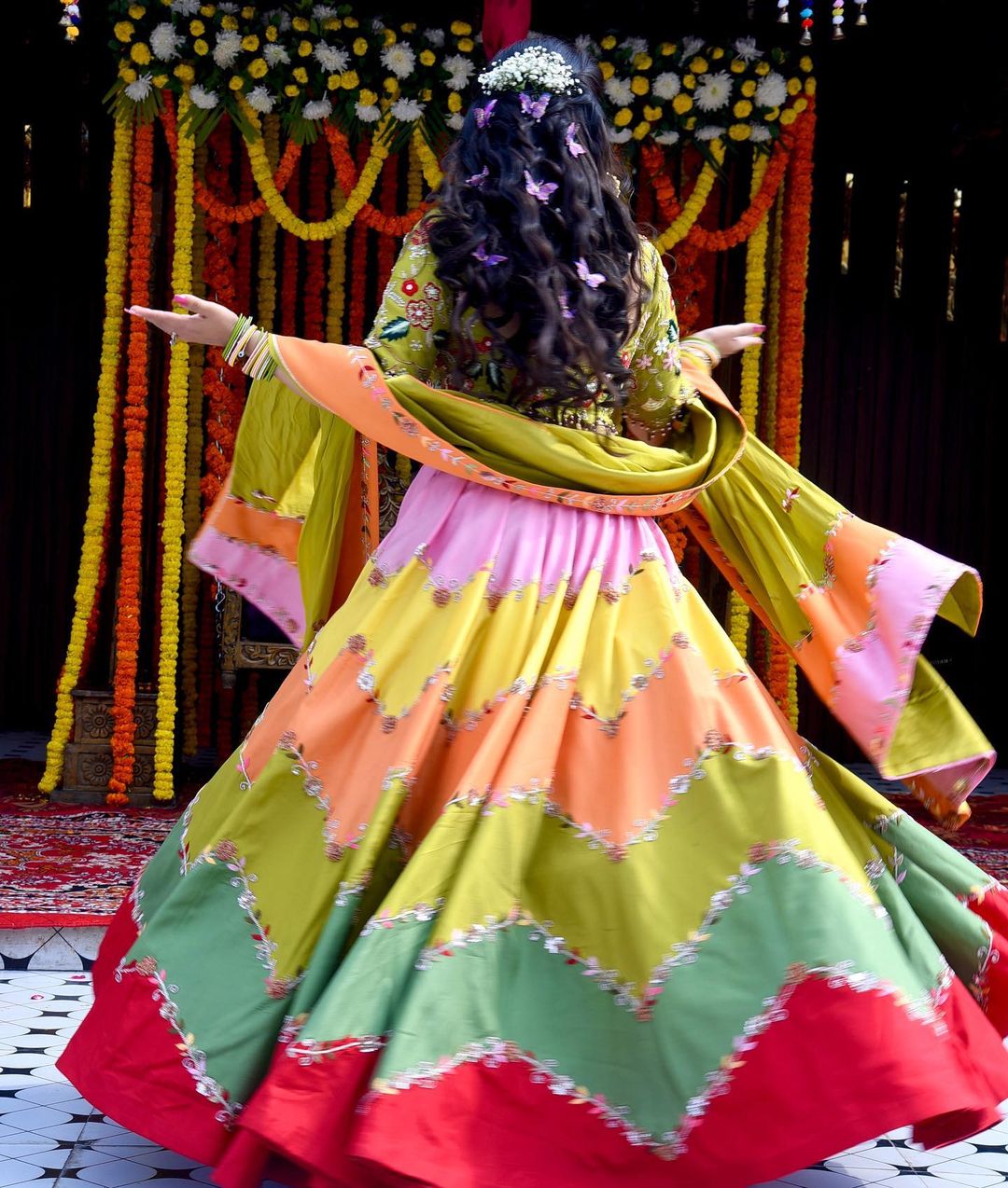 STRAW COLOR TOP WITH MULTI COLOR BOTTOM LEHENGA & FINE DESIGN