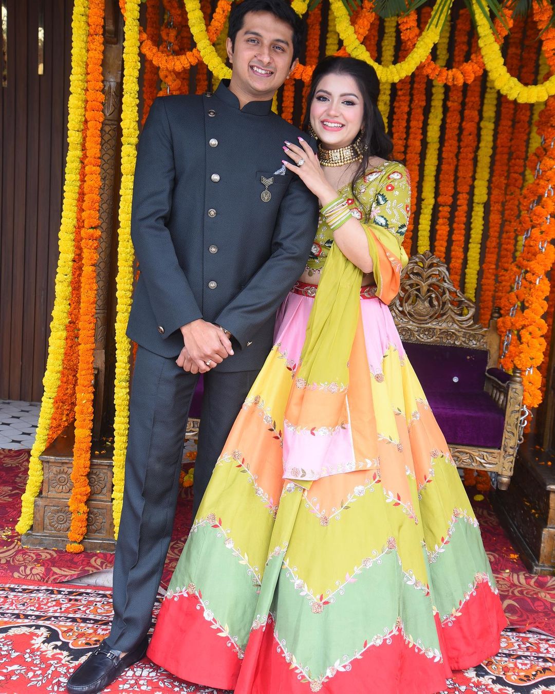 STRAW COLOR TOP WITH MULTI COLOR BOTTOM LEHENGA & FINE DESIGN