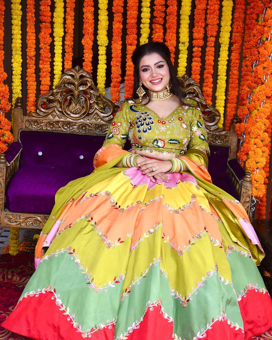 STRAW COLOR TOP WITH MULTI COLOR BOTTOM LEHENGA & FINE DESIGN