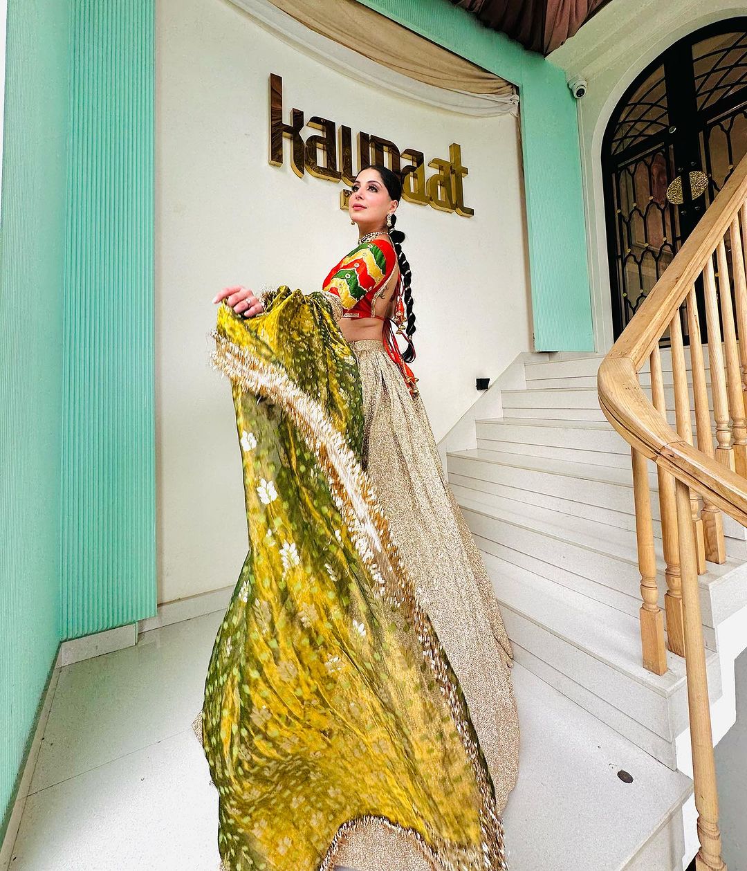 EMBROIDERED RUST BLOUSE WITH SHIMMER LEHENGA