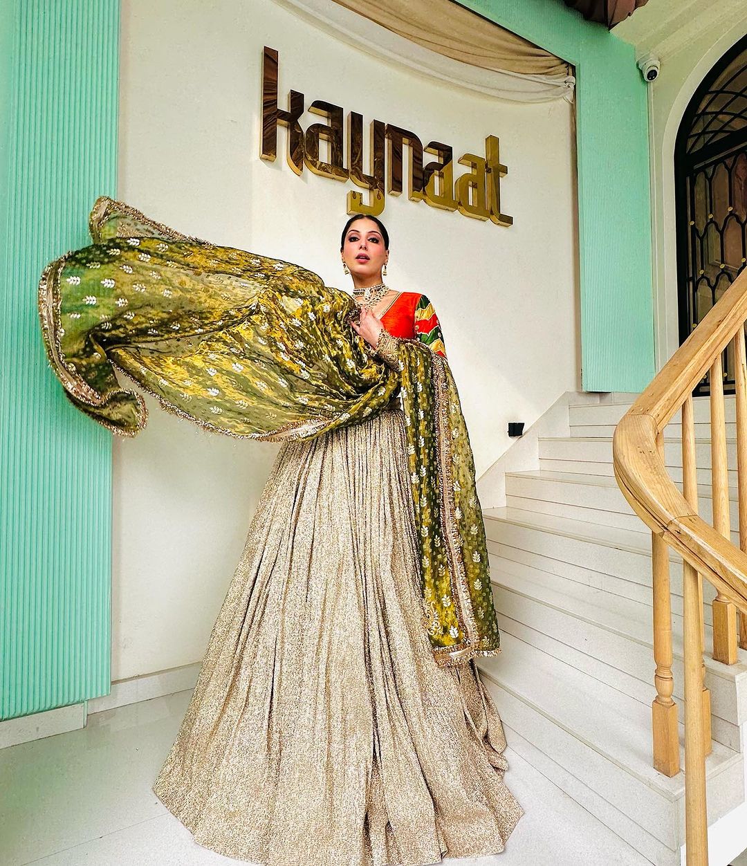 EMBROIDERED RUST BLOUSE WITH SHIMMER LEHENGA