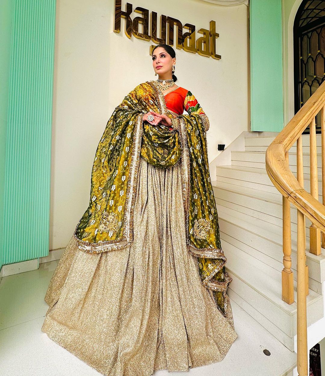 EMBROIDERED RUST BLOUSE WITH SHIMMER LEHENGA