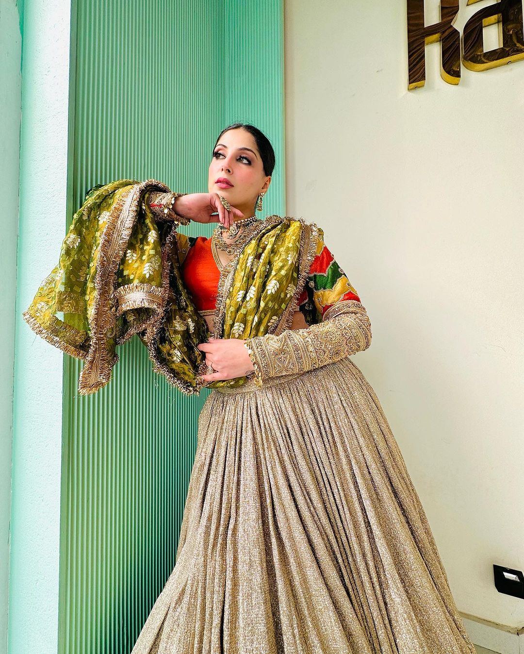 EMBROIDERED RUST BLOUSE WITH SHIMMER LEHENGA