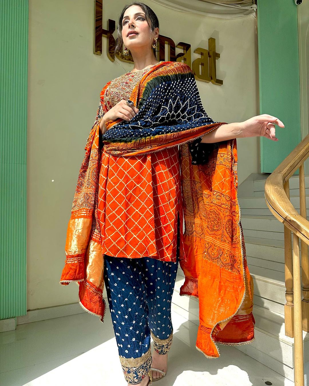 ORANGE COLOR KURTI WITH NAVY ORANGE DUPATTA