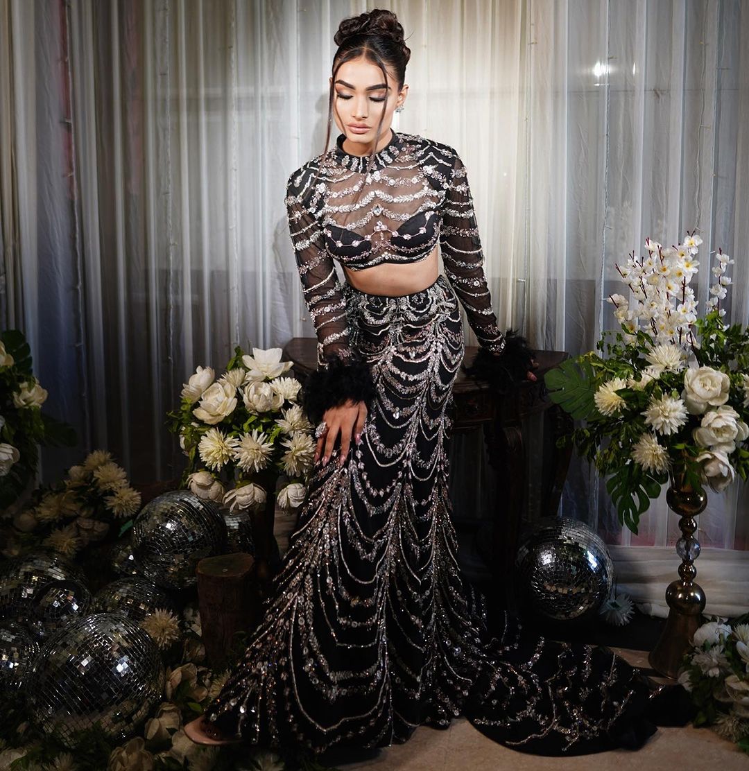 white christmas dresses BEIGE FISH-CUT TRAIL LEHENGA SET – Krina Patel main image 1