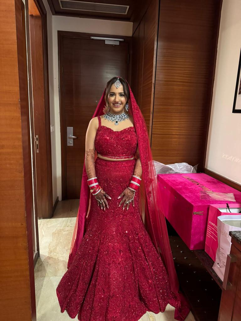 BRIDAL MAHOGANY RED COLOR DESIGNED LEHENGA WITH LONG TRAIL