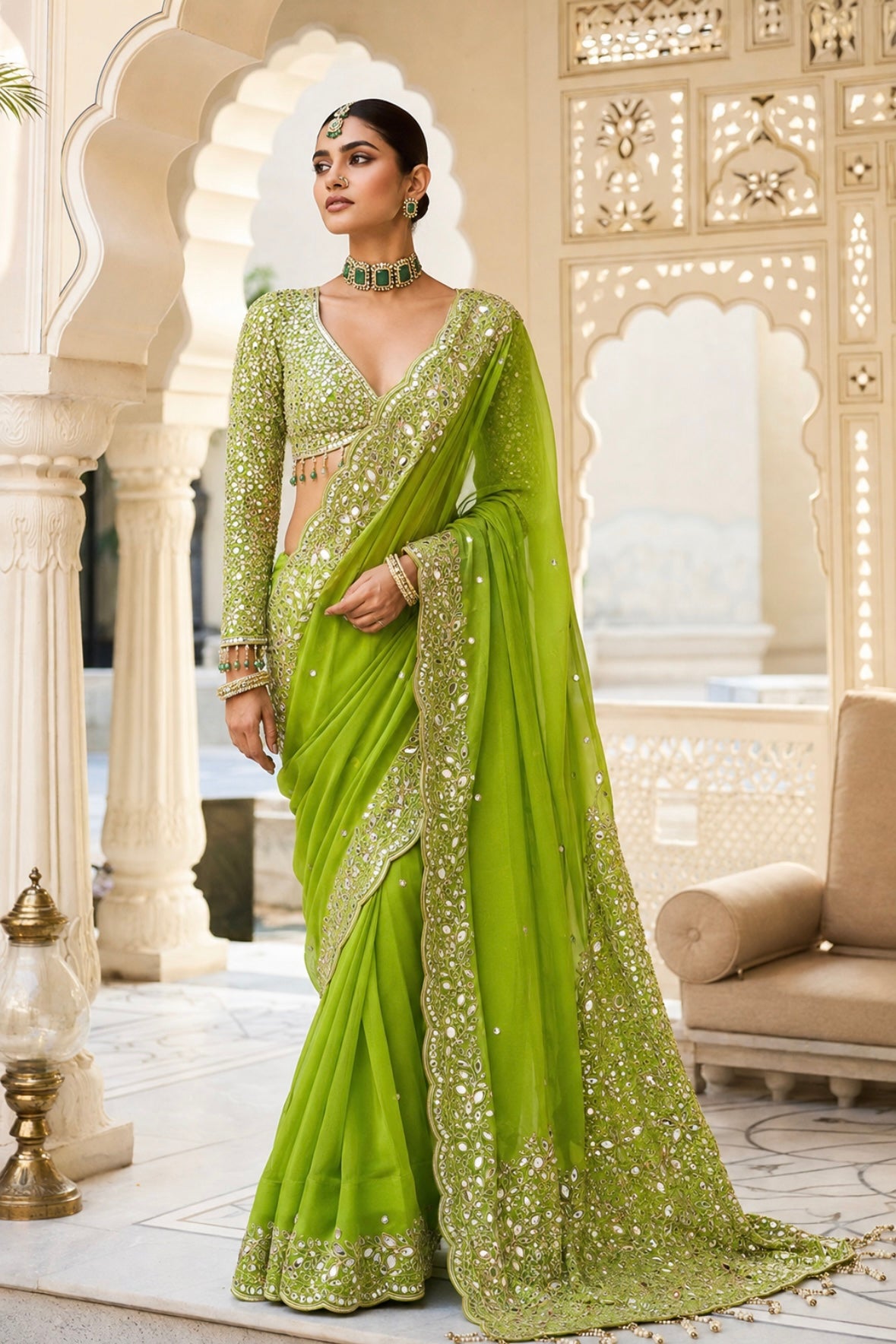 LIME GREEN MIRROR SAREE
