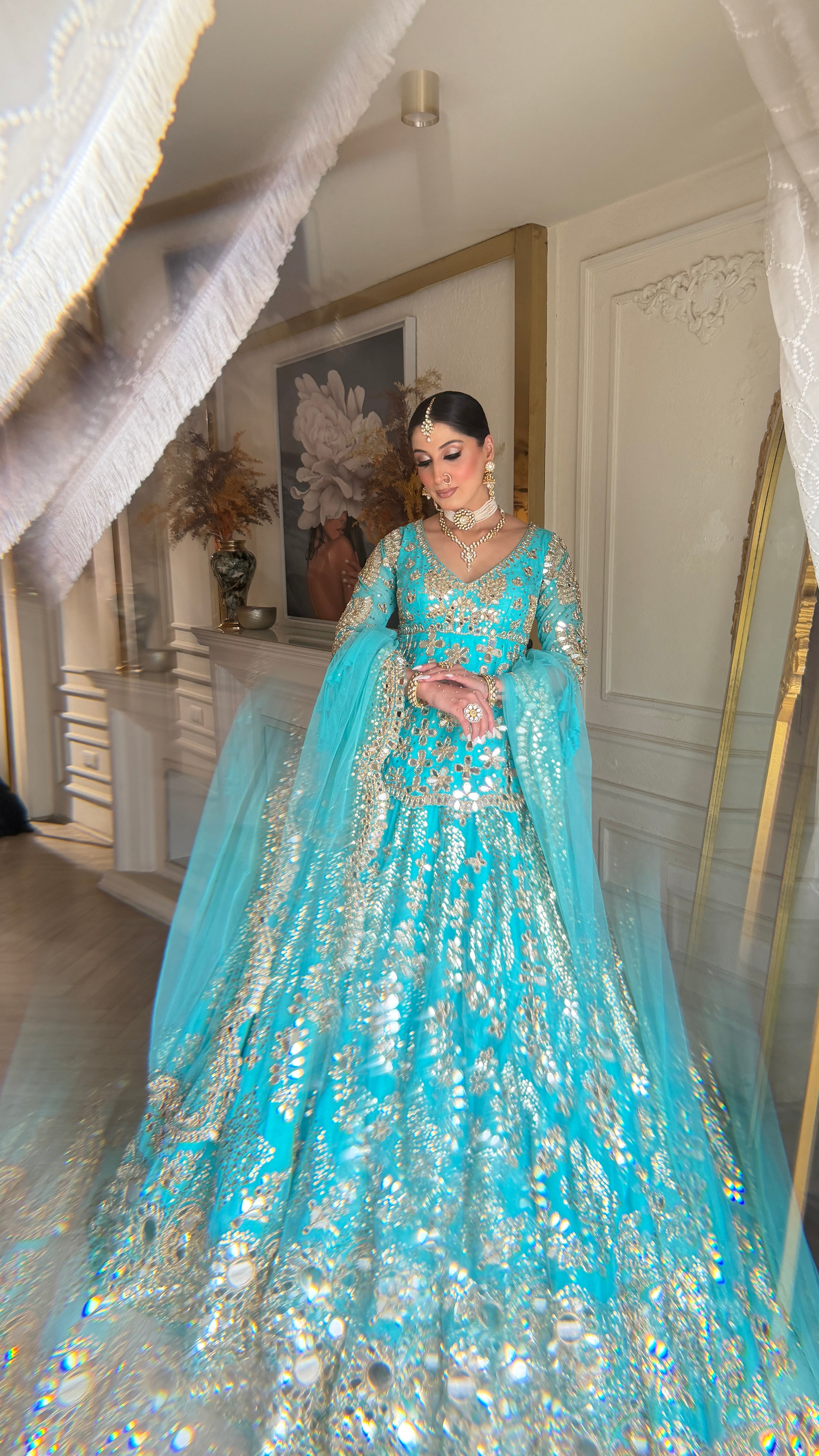 BLUE CYAN MIRROR LEHENGA
