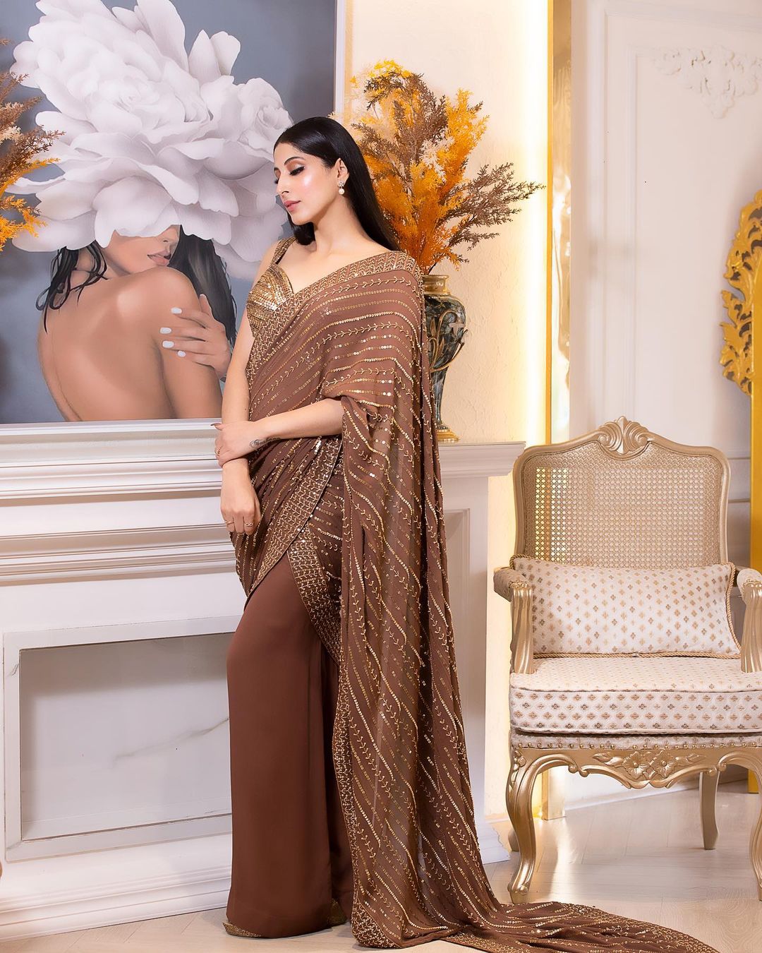 BROWN COLOR SAREE & DRAPE WITH EMROIDERED TOP
