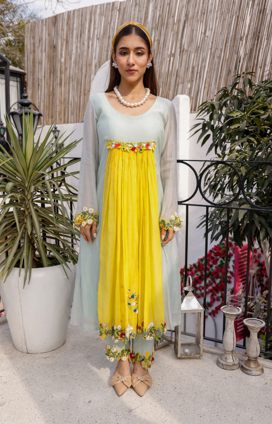 GRAY COLOR KURTI WITH YELLOW BOTTOM