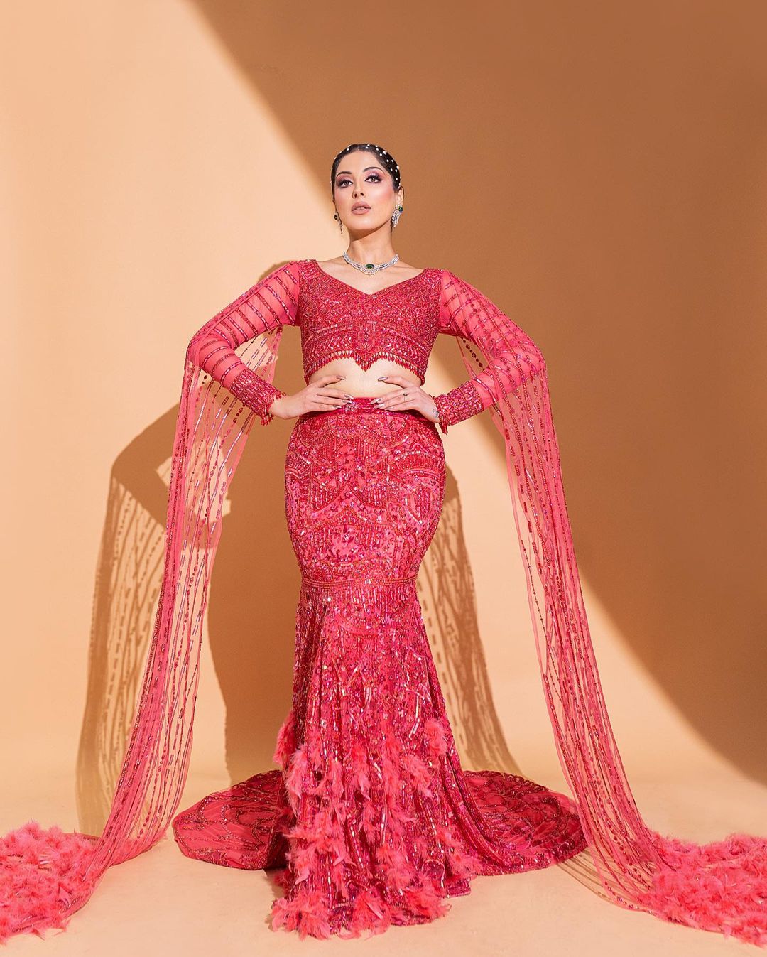 RED EMBELLISHED FISH CUT LEHENGA
