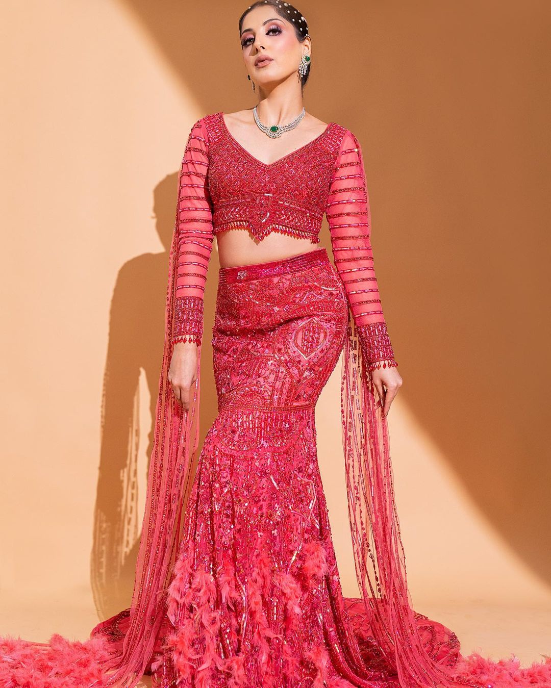 RED EMBELLISHED FISH CUT LEHENGA