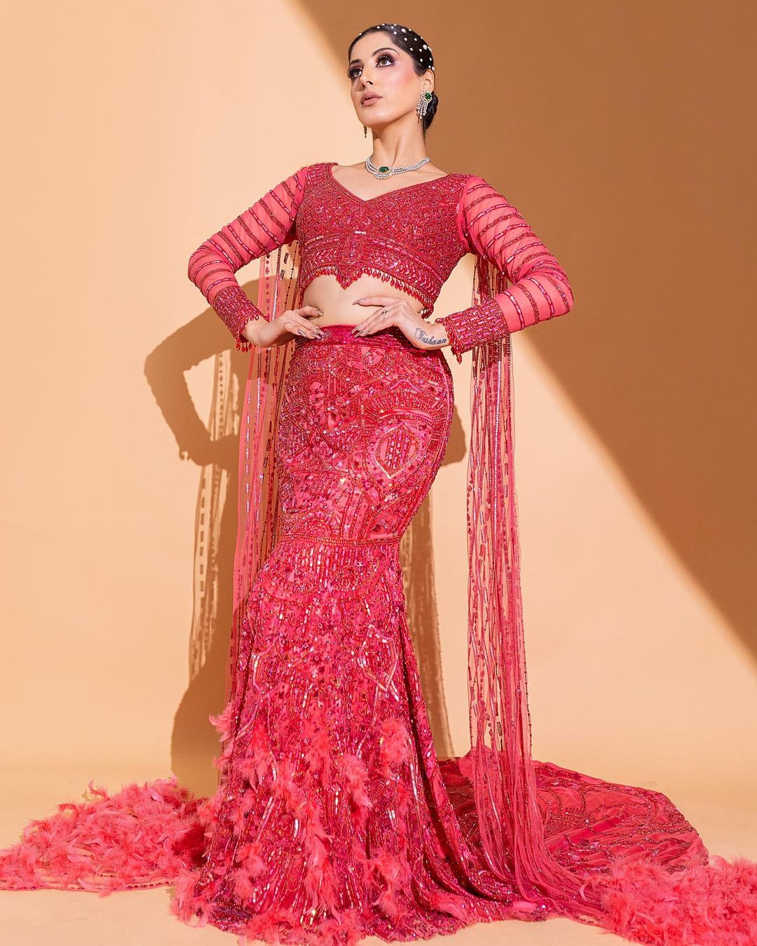 RED EMBELLISHED FISH CUT LEHENGA