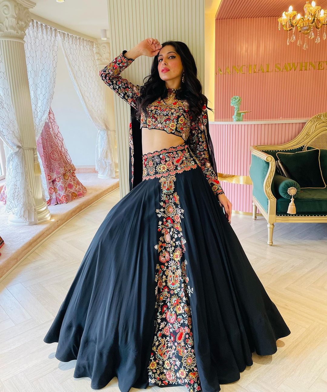 SQUID INK LEHENGA WITH FLOWER SEQUENCE EMBROIDERY